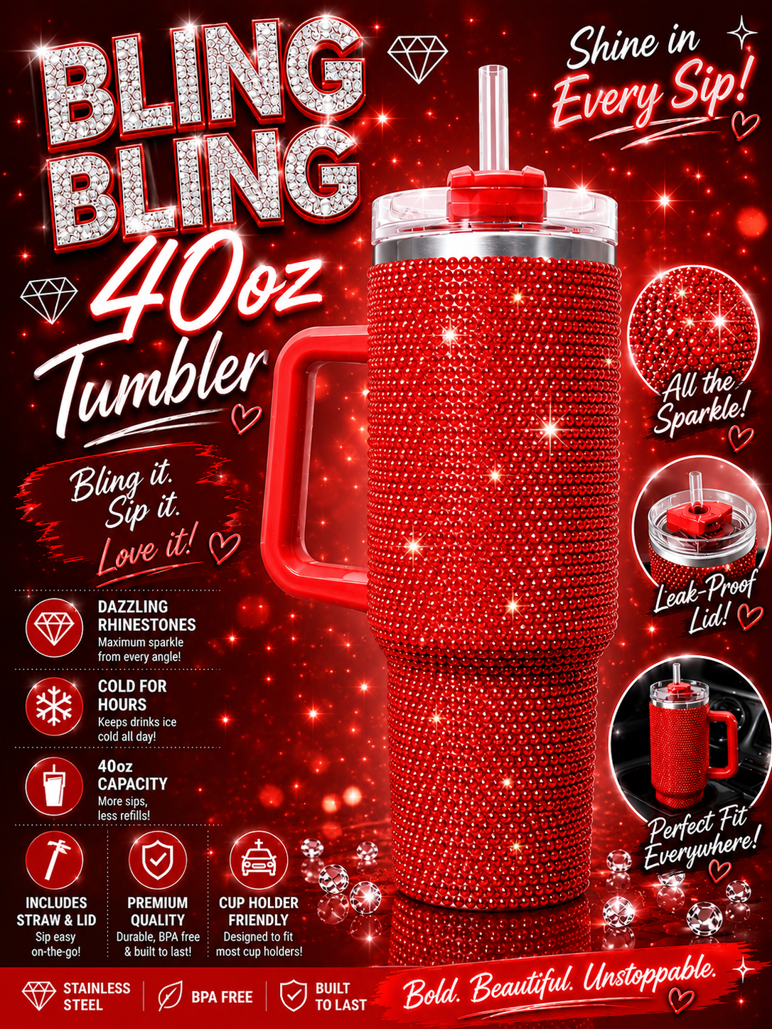 40oz Rhinestone Bling Tumbler with Handle – Diamond Studded Stainless Steel Travel Cup with Straw & White Box | Ready to Ship