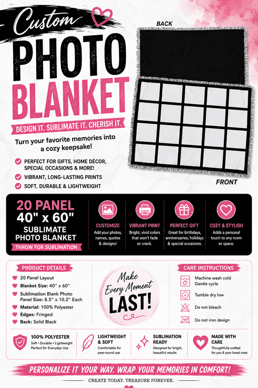 20-Panel 40" x 60" Sublimation Photo Blanket Throw or Personalized | 100% Polyester Custom Photo Blanket Blank | Personalized Memory Blanket | DIY Heat Transfer Blanket