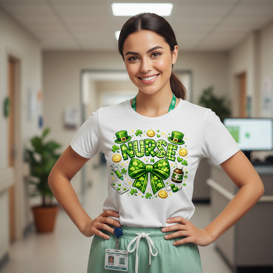 St. Patrick’s Day Nurse Design - Lucky Nurse Shamrocks & Medical Icons - Green Bow Nursing Sublimation PNG