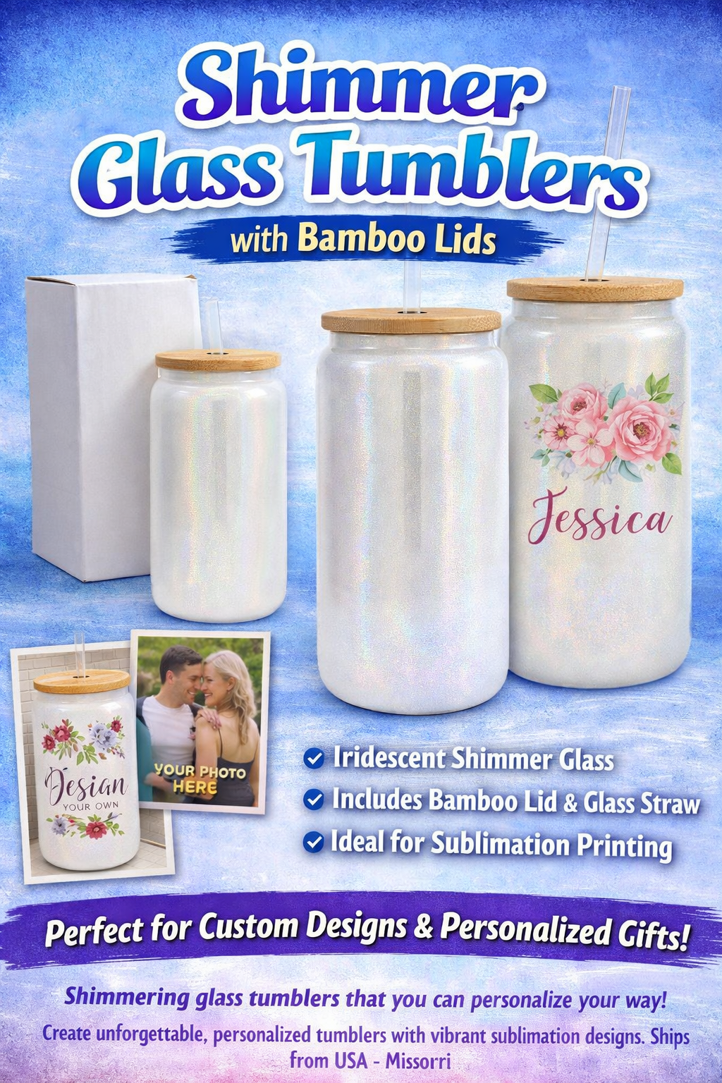 Shimmer Glass Tumbler with Bamboo Lid & Straw | Sublimation Glass Can | Iridescent 16oz Custom Drinkware