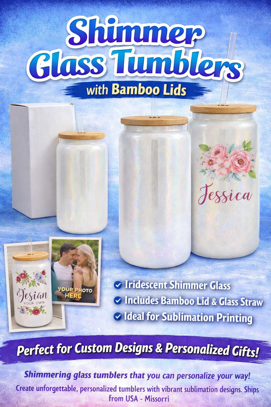 Shimmer Glass Tumbler with Bamboo Lid & Straw | Sublimation Glass Can | Iridescent 16oz Custom Drinkware