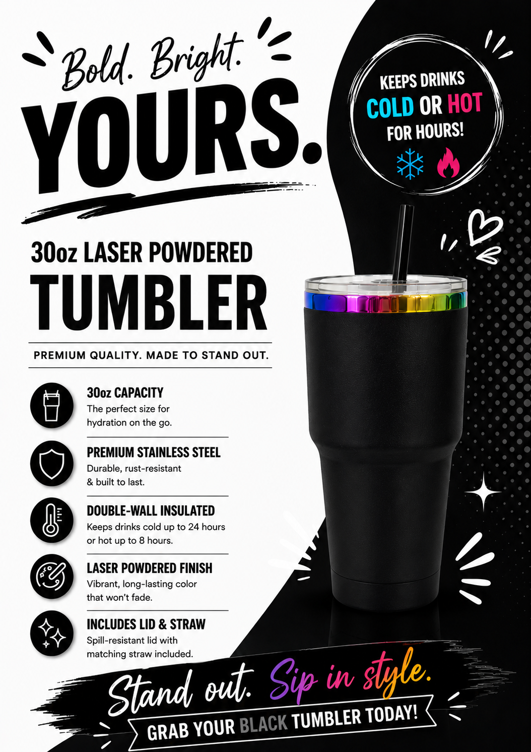 Luxury Gold & Rainbow Plated Stainless Steel Tumblers |30oz Laser Engraving Car Mug with Lid & Straw