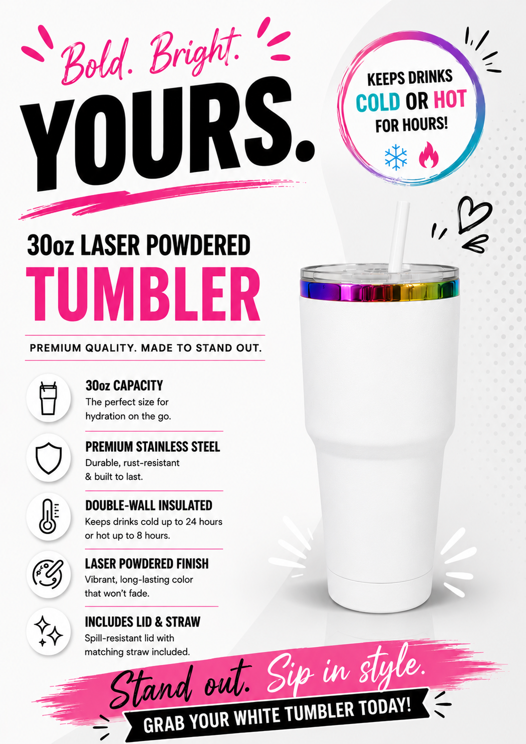 Luxury Gold & Rainbow Plated Stainless Steel Tumblers |30oz Laser Engraving Car Mug with Lid & Straw