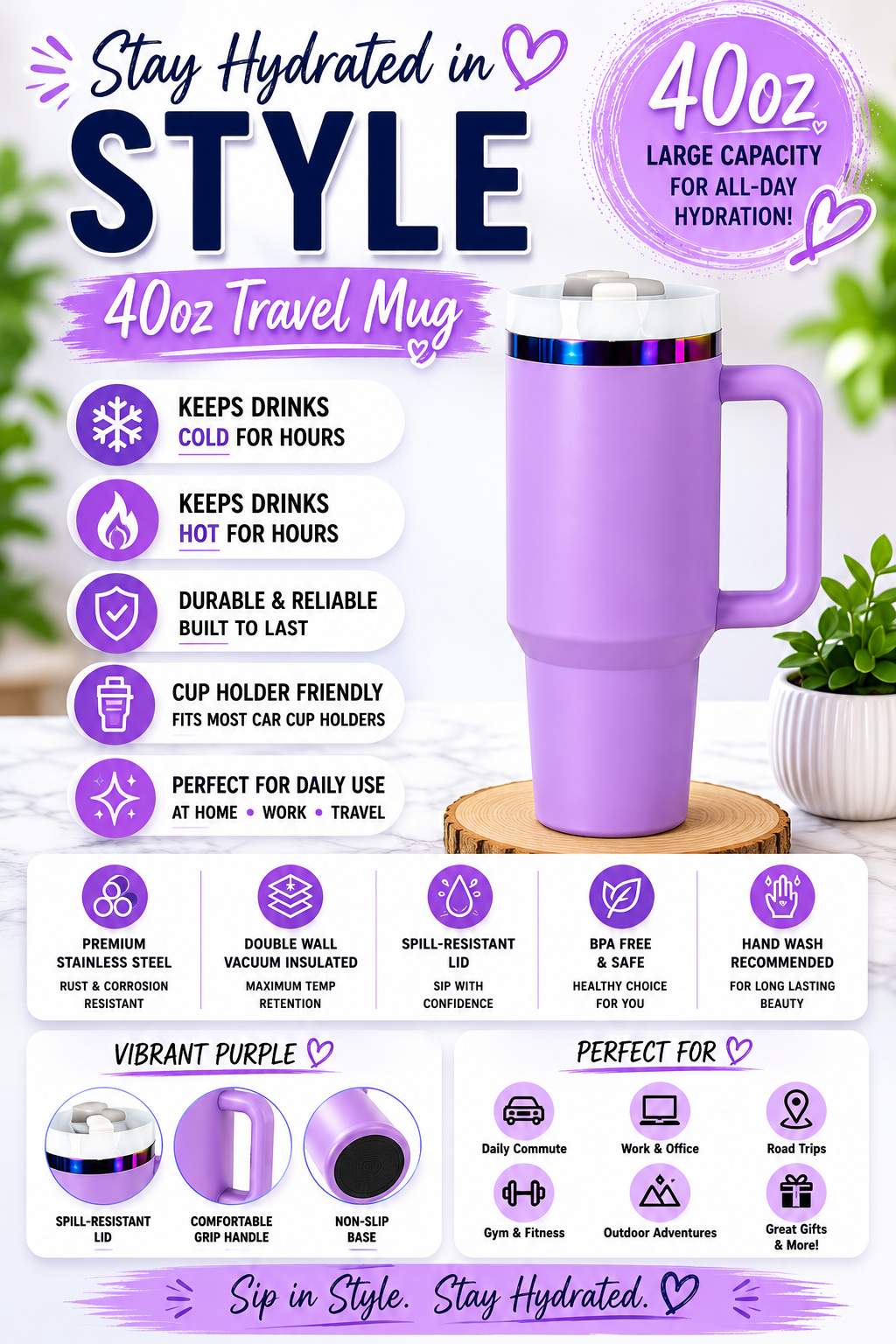 40oz Stainless Steel Tumblers | Double Wall Vacuum Insulated Powder Coated Cups
