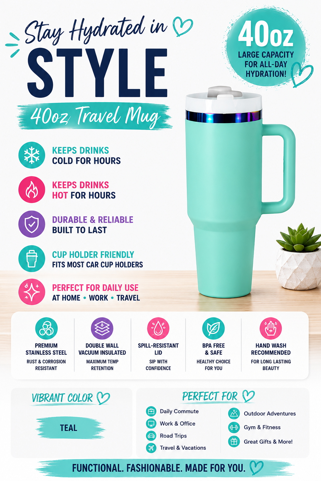 40oz Stainless Steel Tumblers | Double Wall Vacuum Insulated Powder Coated Cups