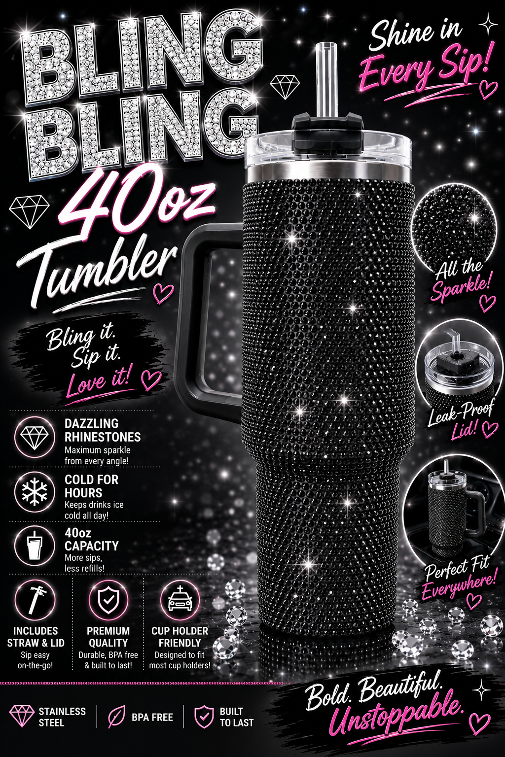 40oz Rhinestone Bling Tumbler with Handle – Diamond Studded Stainless Steel Travel Cup with Straw & White Box | Ready to Ship