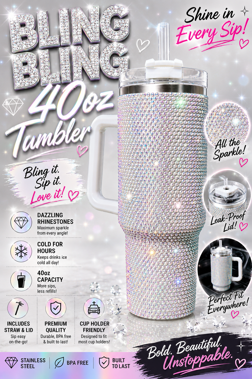 40oz Rhinestone Bling Tumbler with Handle – Diamond Studded Stainless Steel Travel Cup with Straw & White Box | Ready to Ship