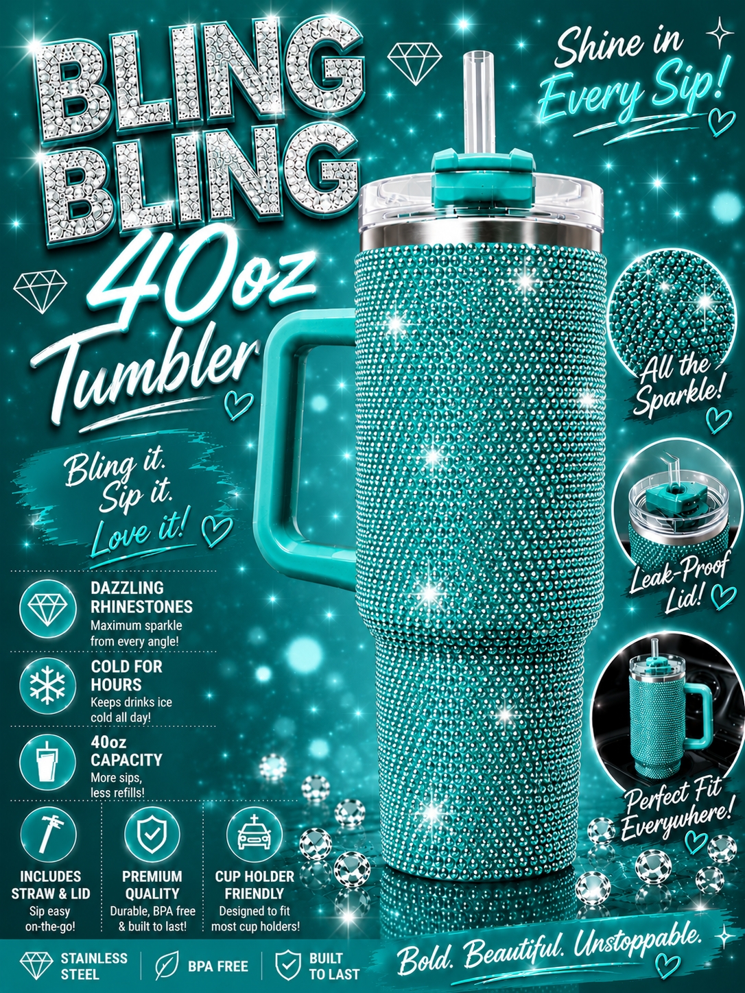 40oz Rhinestone Bling Tumbler with Handle – Diamond Studded Stainless Steel Travel Cup with Straw & White Box | Ready to Ship