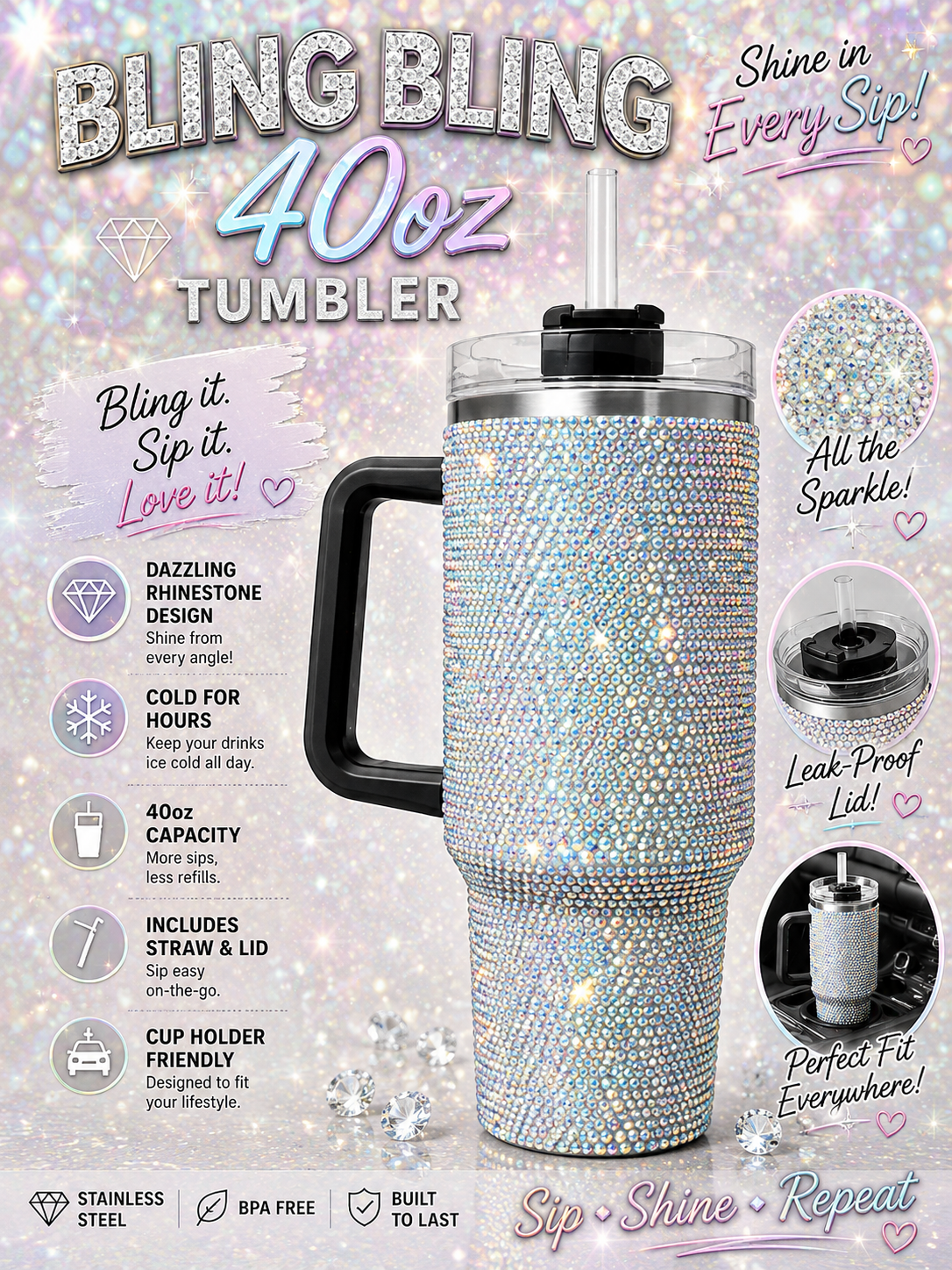 40oz Rhinestone Bling Tumbler with Handle – Diamond Studded Stainless Steel Travel Cup with Straw & White Box | Ready to Ship