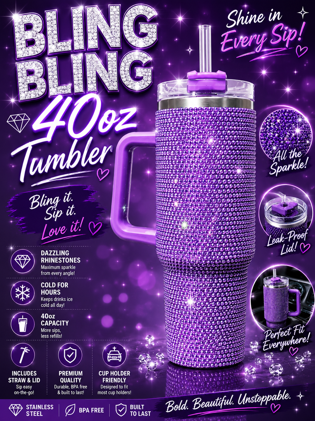 40oz Rhinestone Bling Tumbler with Handle – Diamond Studded Stainless Steel Travel Cup with Straw & White Box | Ready to Ship