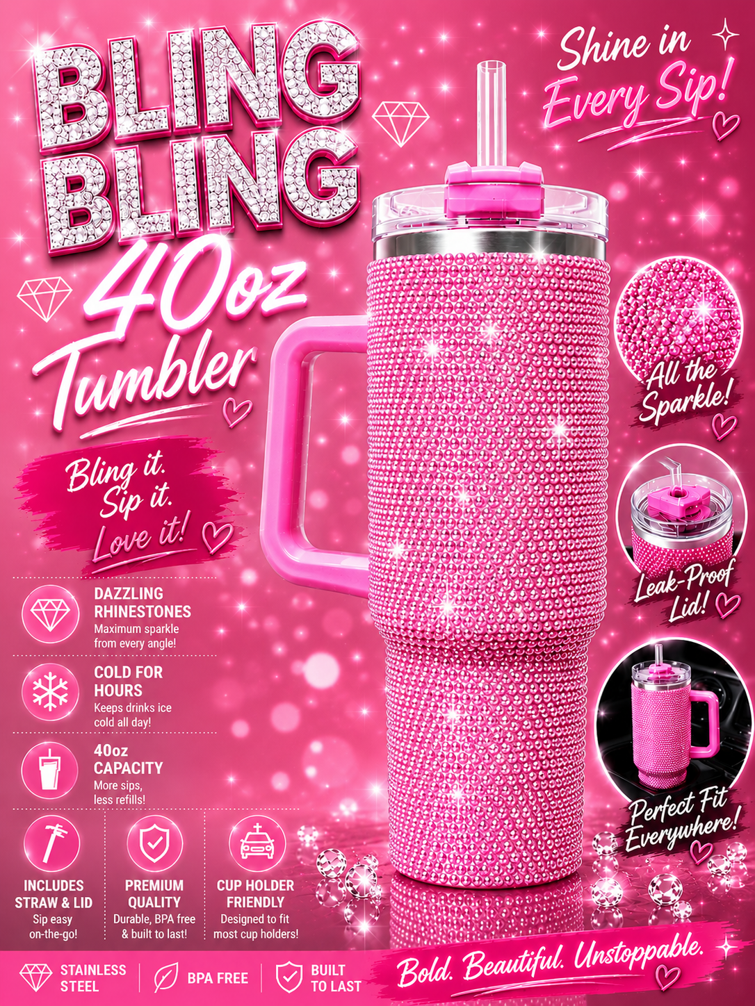 40oz Rhinestone Bling Tumbler with Handle – Diamond Studded Stainless Steel Travel Cup with Straw & White Box | Ready to Ship