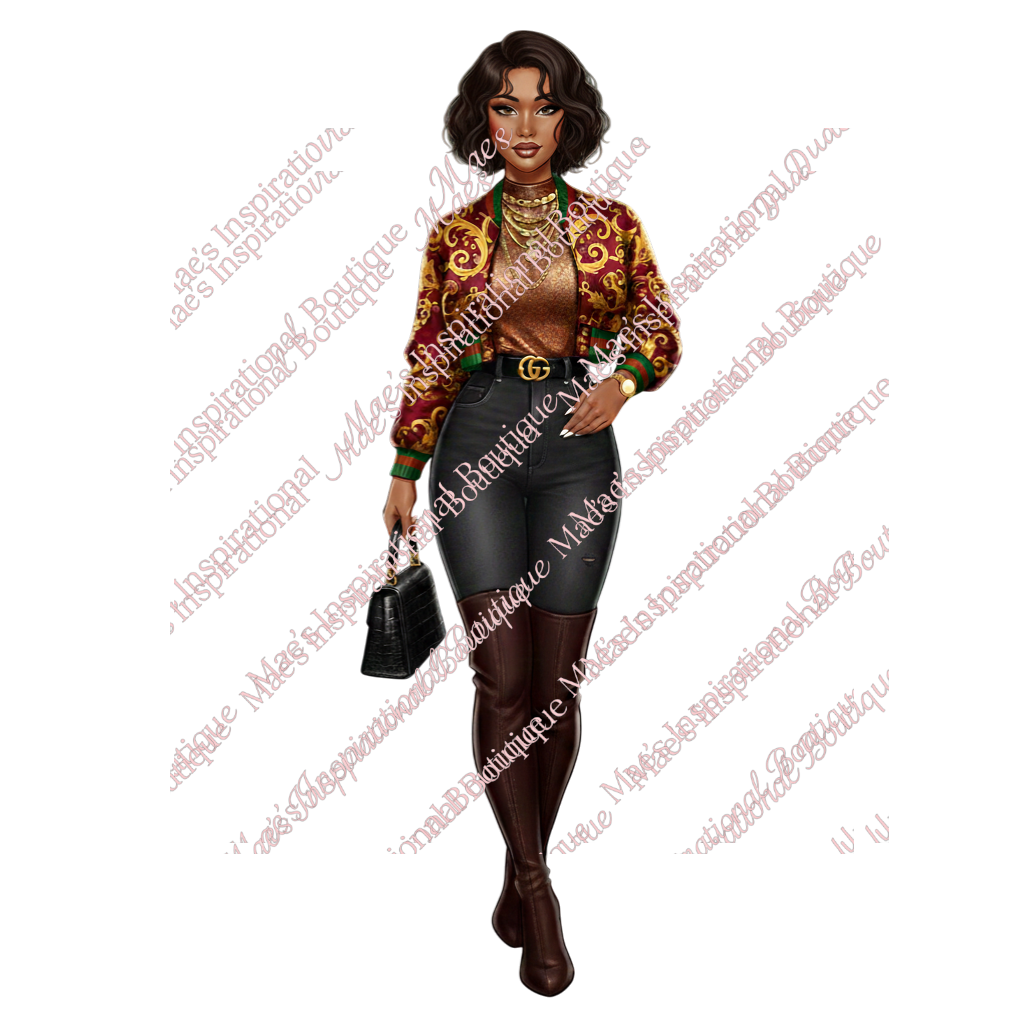 Red & Gold Statement Jacket Fashion Illustration – 5 Hairstyle Variations Digital Download