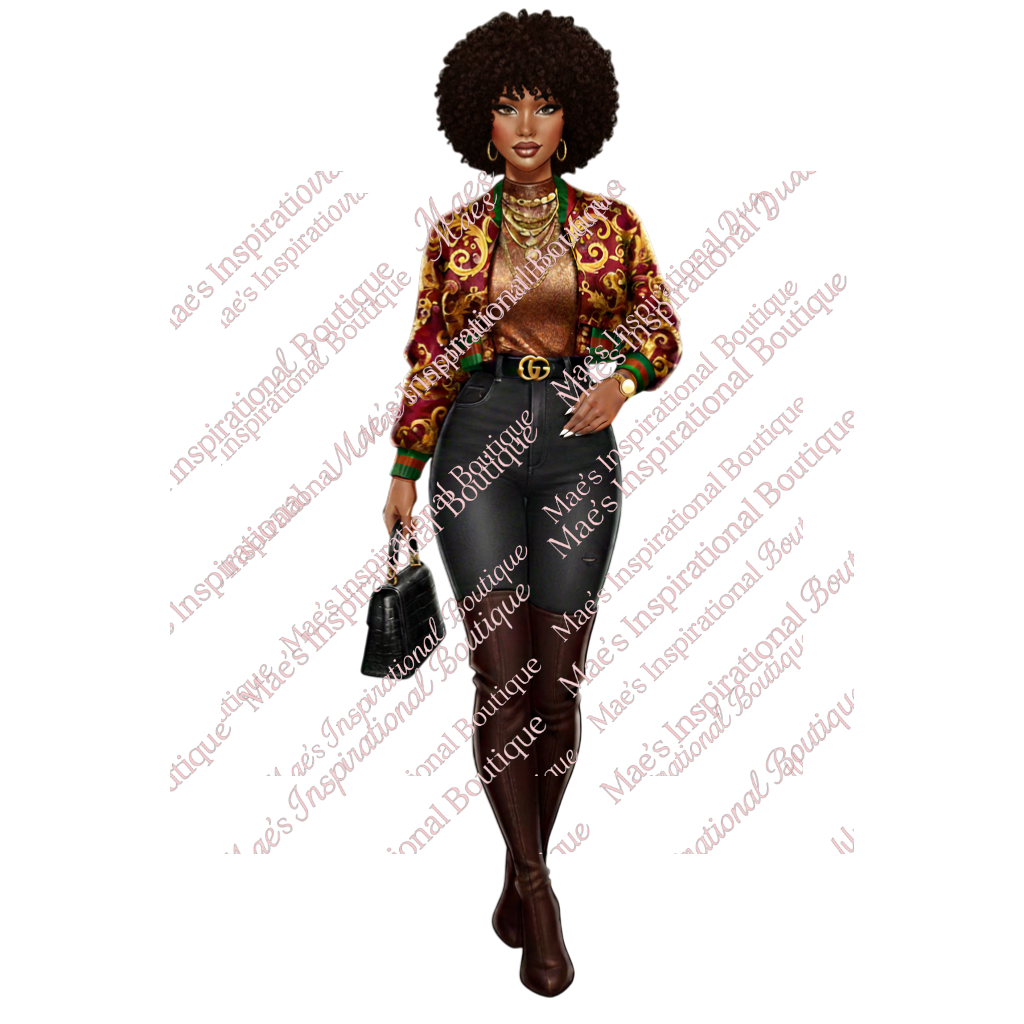 Red & Gold Statement Jacket Fashion Illustration – 5 Hairstyle Variations Digital Download