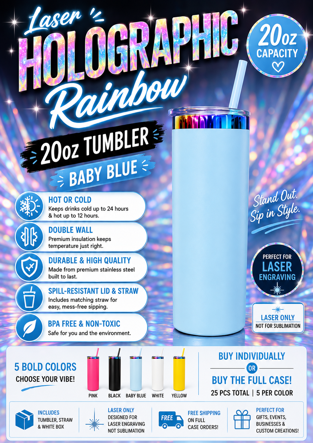 20oz Powder Coated Holographic Rainbow Plated Car Tumbler with Colored Straw | Laser Engraving Blank | Individual or 25pc Case |