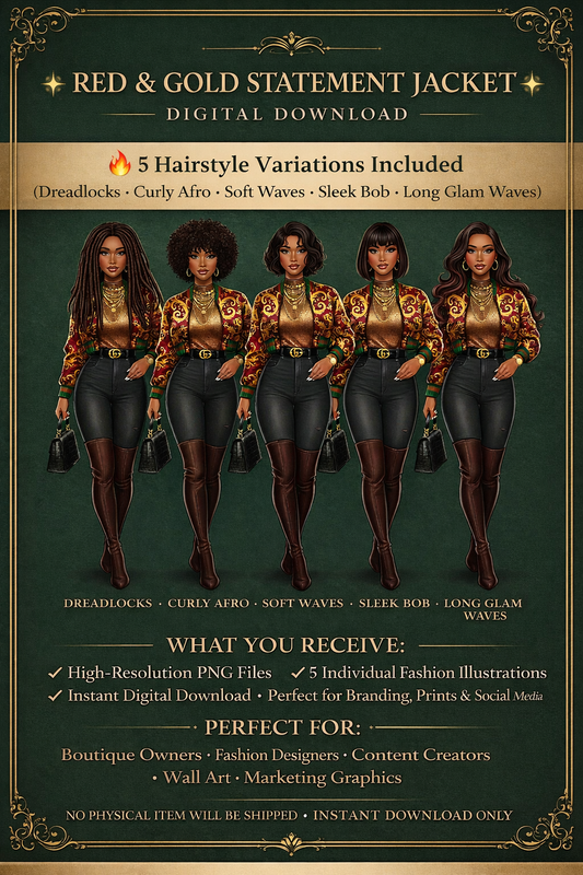 Red & Gold Statement Jacket Fashion Illustration – 5 Hairstyle Variations Digital Download