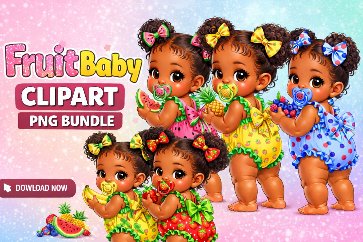 Fruit Baby Clipart PNG Bundle – Cute Baby Girl Fruit Theme Digital Download, Watermelon Pineapple Berry Baby PNGs