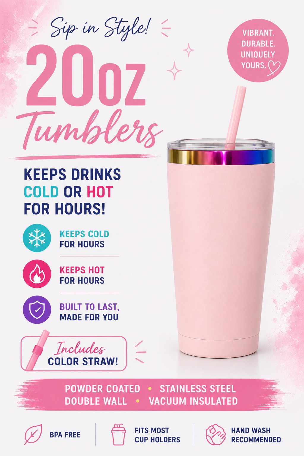 20oz Stainless Steel Tumblers with Color Straw | Double Wall Vacuum Insulated Powder Coated Cups | Customizable Hot & Cold Drink Tumbler