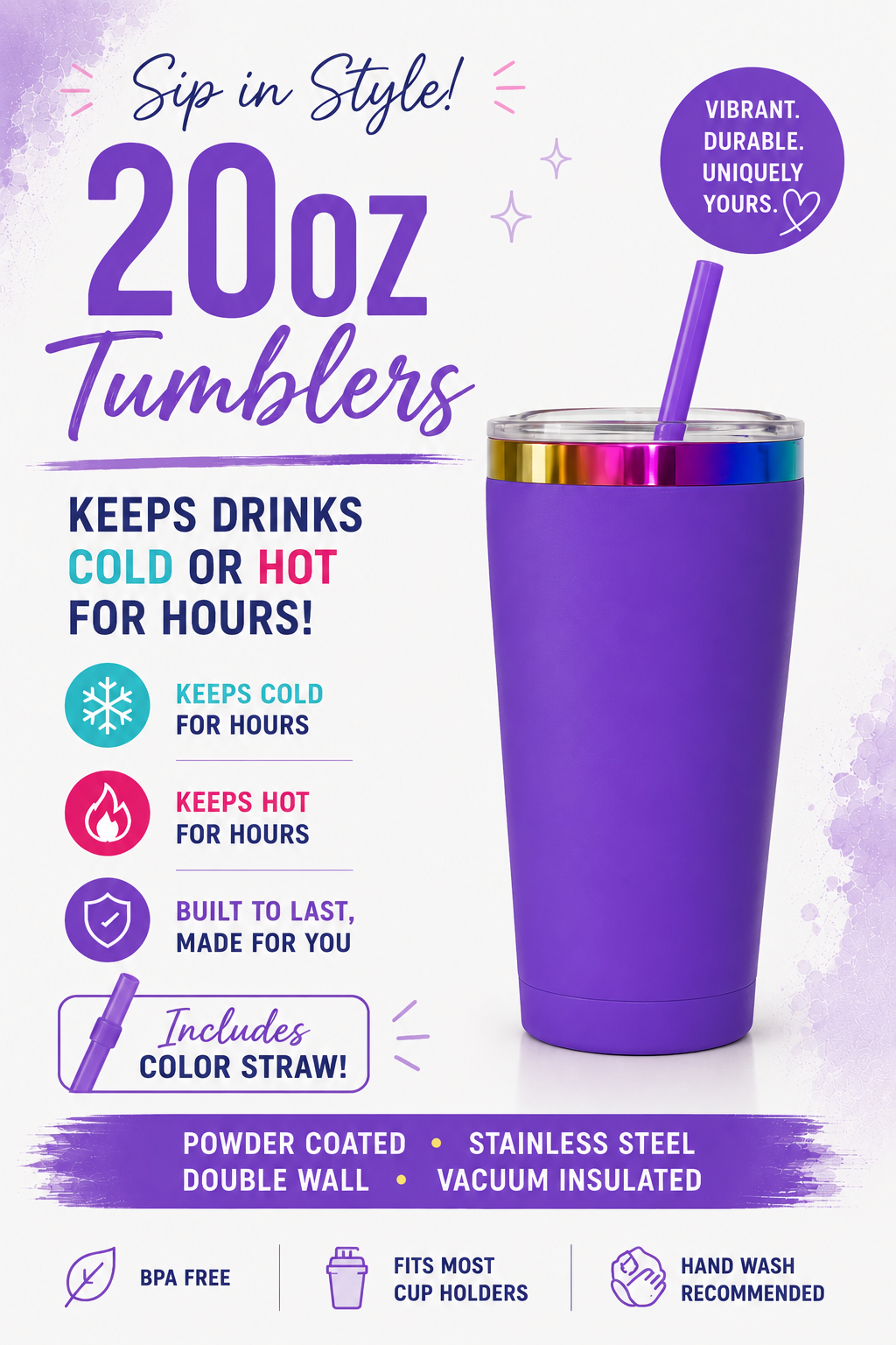 20oz Stainless Steel Tumblers with Color Straw | Double Wall Vacuum Insulated Powder Coated Cups | Customizable Hot & Cold Drink Tumbler