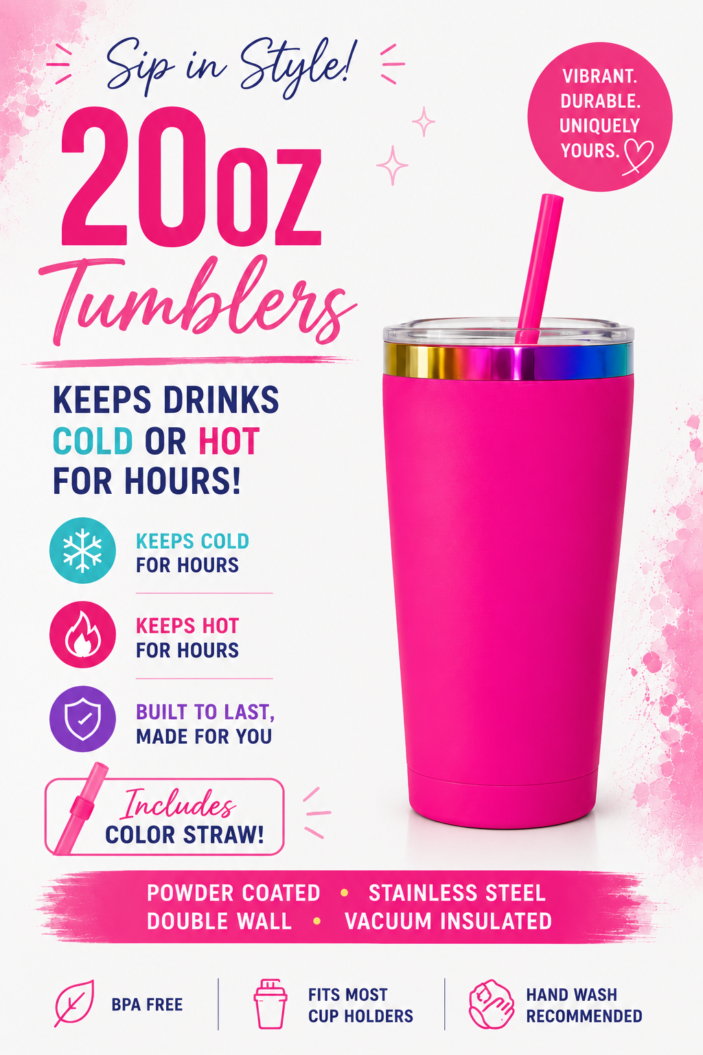 20oz Stainless Steel Tumblers with Color Straw | Double Wall Vacuum Insulated Powder Coated Cups | Customizable Hot & Cold Drink Tumbler