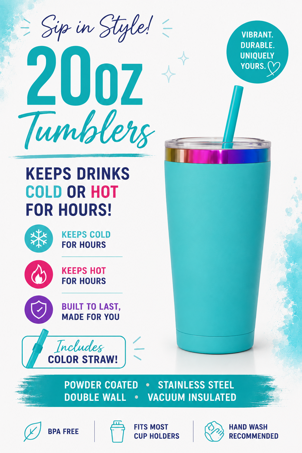 20oz Stainless Steel Tumblers with Color Straw | Double Wall Vacuum Insulated Powder Coated Cups | Customizable Hot & Cold Drink Tumbler