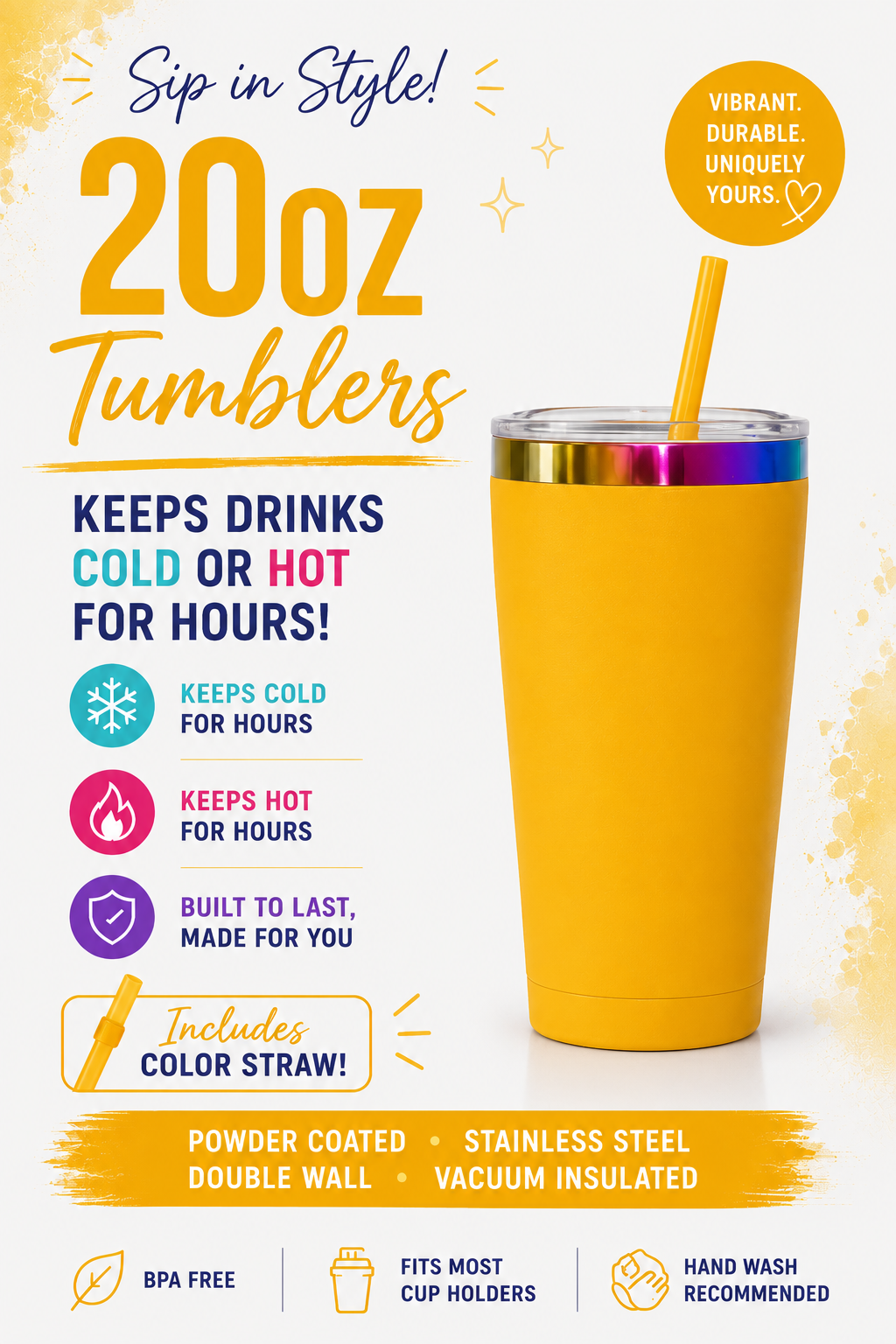 20oz Stainless Steel Tumblers with Color Straw | Double Wall Vacuum Insulated Powder Coated Cups | Customizable Hot & Cold Drink Tumbler