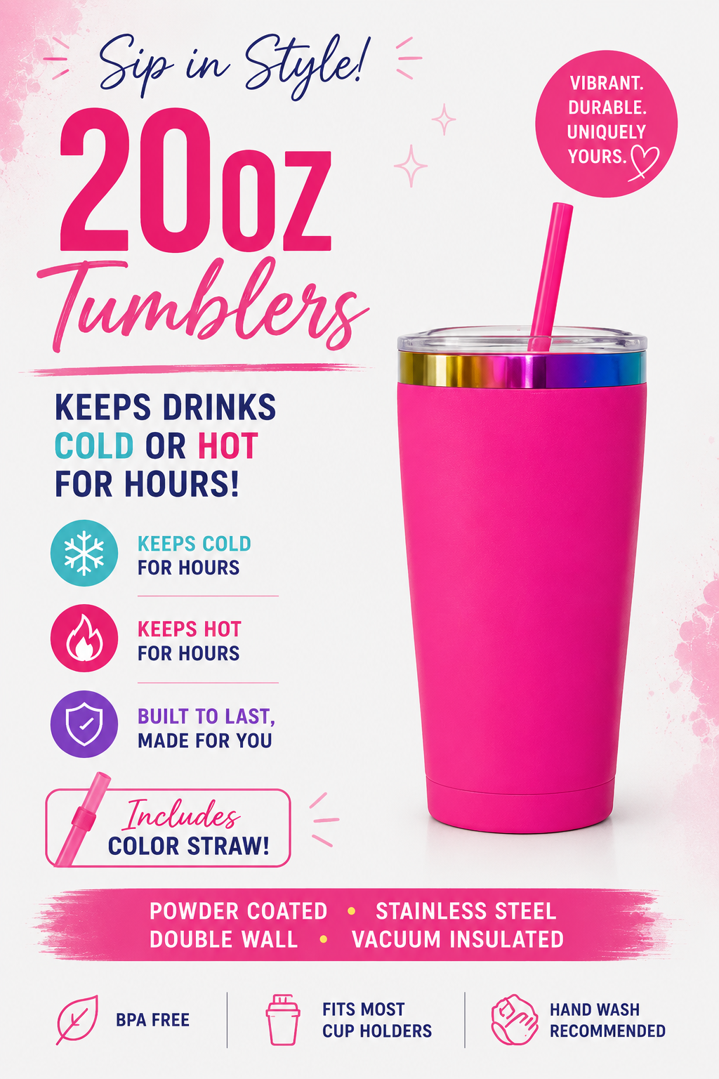 20oz Stainless Steel Tumblers with Color Straw | Double Wall Vacuum Insulated Powder Coated Cups | Customizable Hot & Cold Drink Tumbler