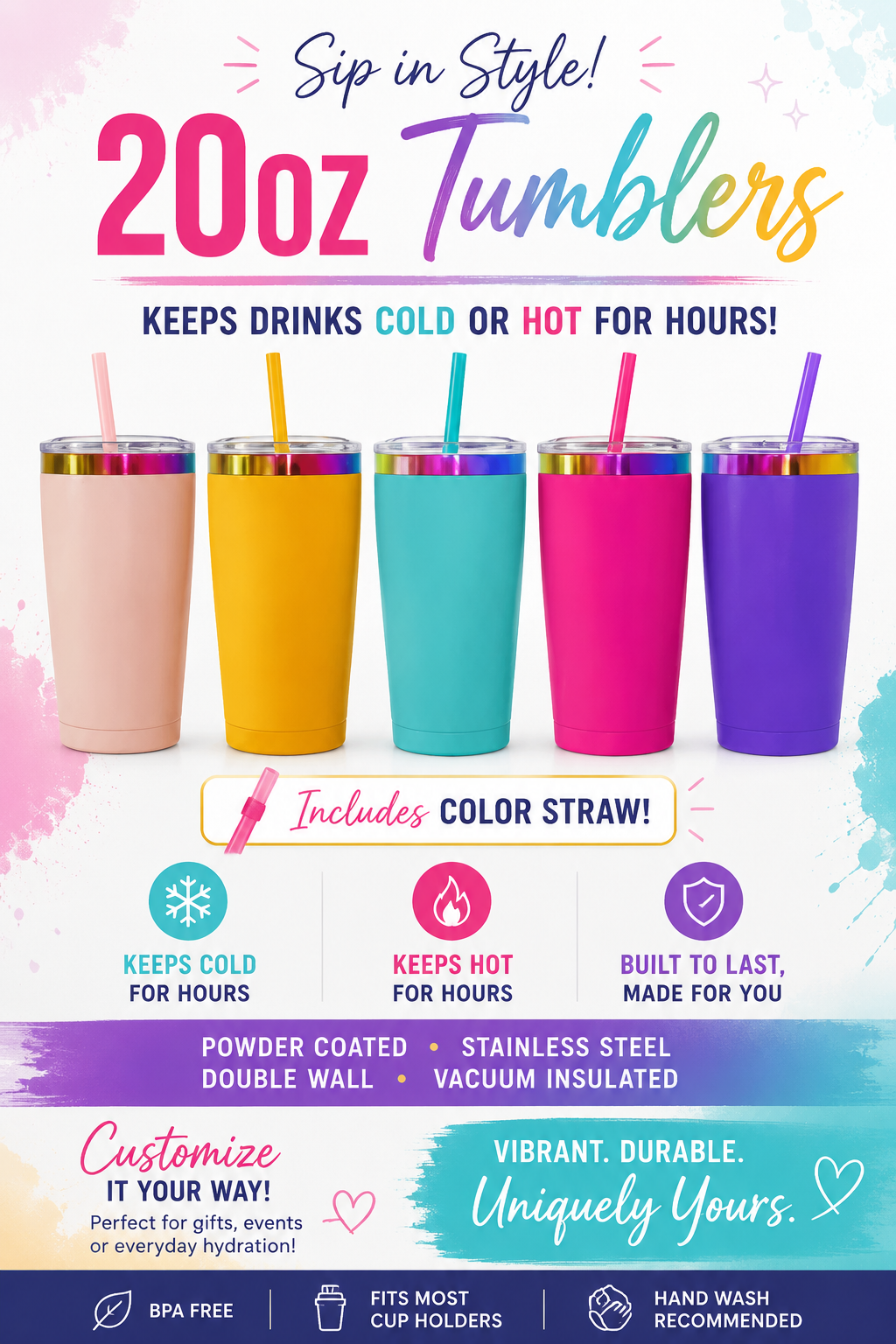 20oz Stainless Steel Tumblers with Color Straw | Double Wall Vacuum Insulated Powder Coated Cups | Customizable Hot & Cold Drink Tumbler