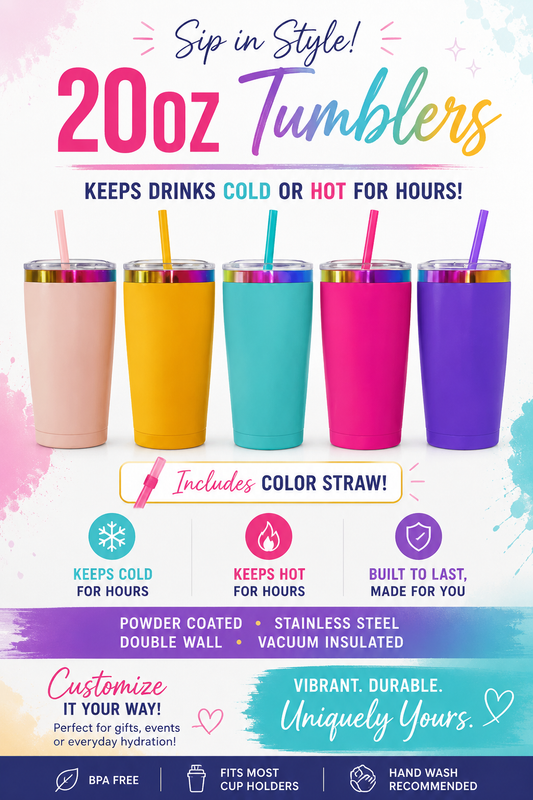 20oz Stainless Steel Tumblers with Color Straw | Double Wall Vacuum Insulated Powder Coated Cups | Customizable Hot & Cold Drink Tumbler