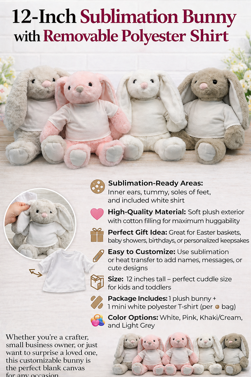 Sublimation Bunny Rabbit with Blank Shirt – Stuffed Animal for Heat Press or Custom Printing