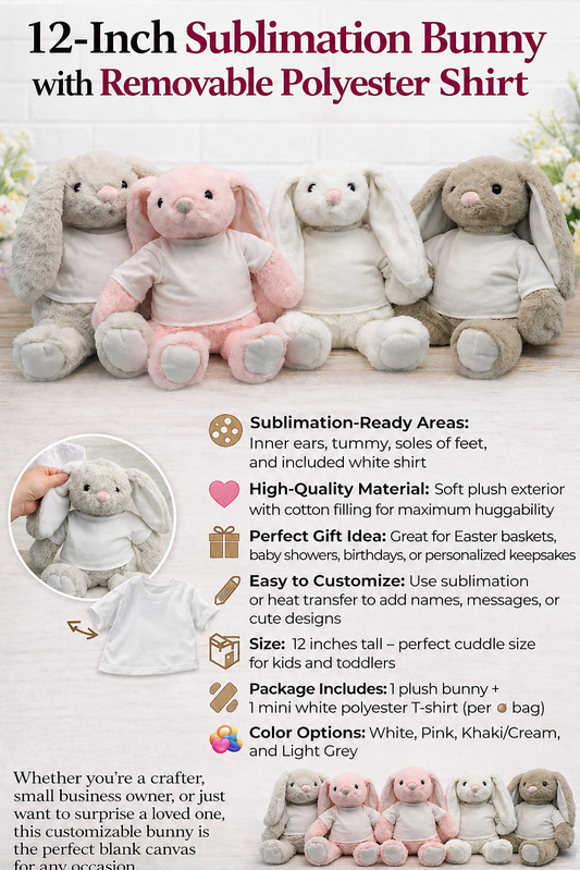 Sublimation Bunny Rabbit with Blank Shirt – Stuffed Animal for Heat Press or Custom Printing