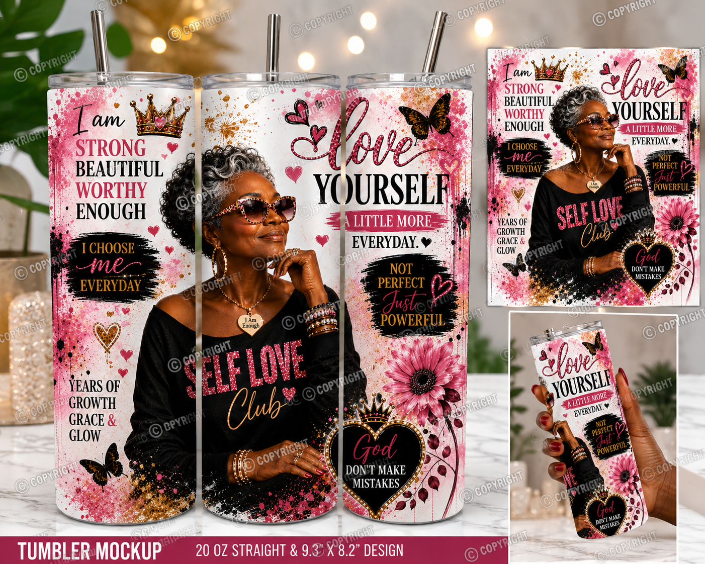 Self Love Queen – Empowering Black Woman Sublimation PNG | 4K Digital Download | Black & Gold Tumbler Wrap Design