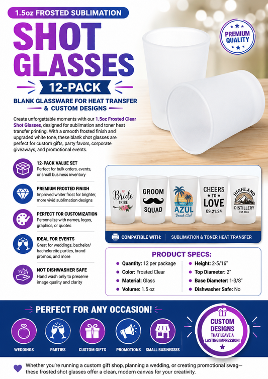1.5oz Frosted Sublimation Shot Glass – Blank Heat Transfer Glassware for Custom Designs