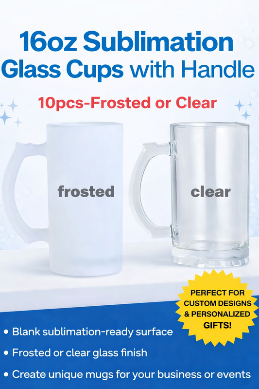 16oz Frosted or Clear Sublimation Glass Cup with Handle – Premium Customizable Sublimation Mug for Coffee, Tea & Iced Drinks