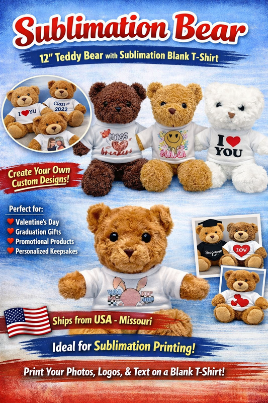 12" Sublimation Teddy Bear with Blank T-Shirt | Custom Personalized Plush Bear | Valentine’s & Graduation Gift