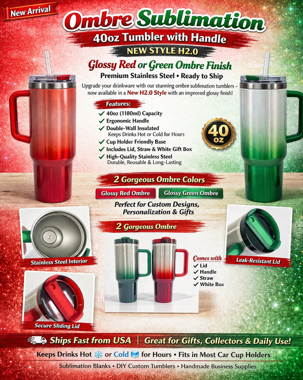 Ombre Sublimation 40oz Tumbler with Handle H2.0 | Glossy Red & Green Stainless Steel Cup with Straw | Custom Drinkware