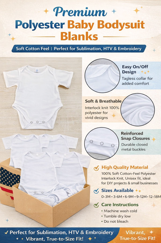 Premium Polyester Baby Bodysuit Blanks for Sublimation & HTV | Soft Cotton Feel | Unisex Infant Onesies 0–24 Months