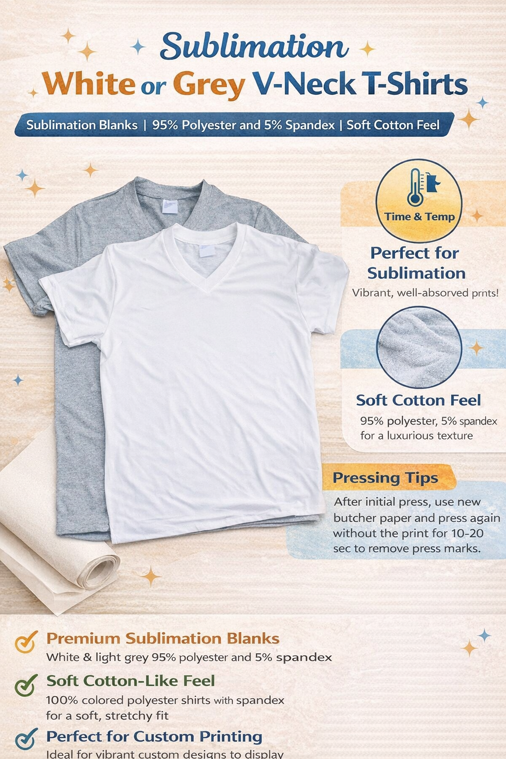 Sublimation White & Grey V-Neck T-Shirts | Soft Polyester Spandex Sublimation Blanks | Unisex Custom Printing Shirts