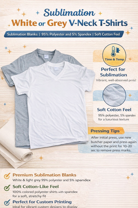 Sublimation White & Grey V-Neck T-Shirts | Soft Polyester Spandex Sublimation Blanks | Unisex Custom Printing Shirts