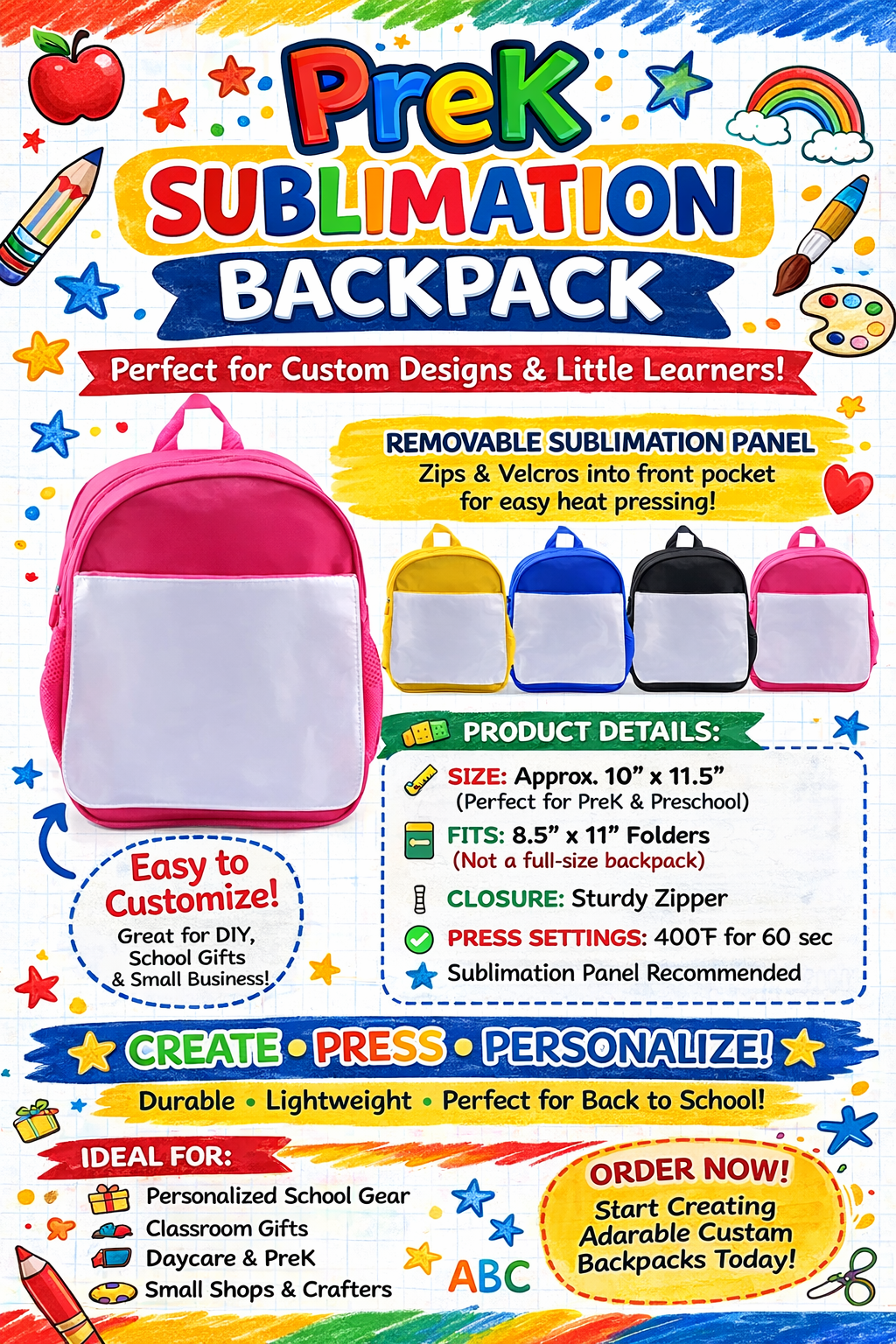 Sublimation Backpack 12” – Kids Blank Backpack with Removable Heat Press Panel | Customizable Backpack