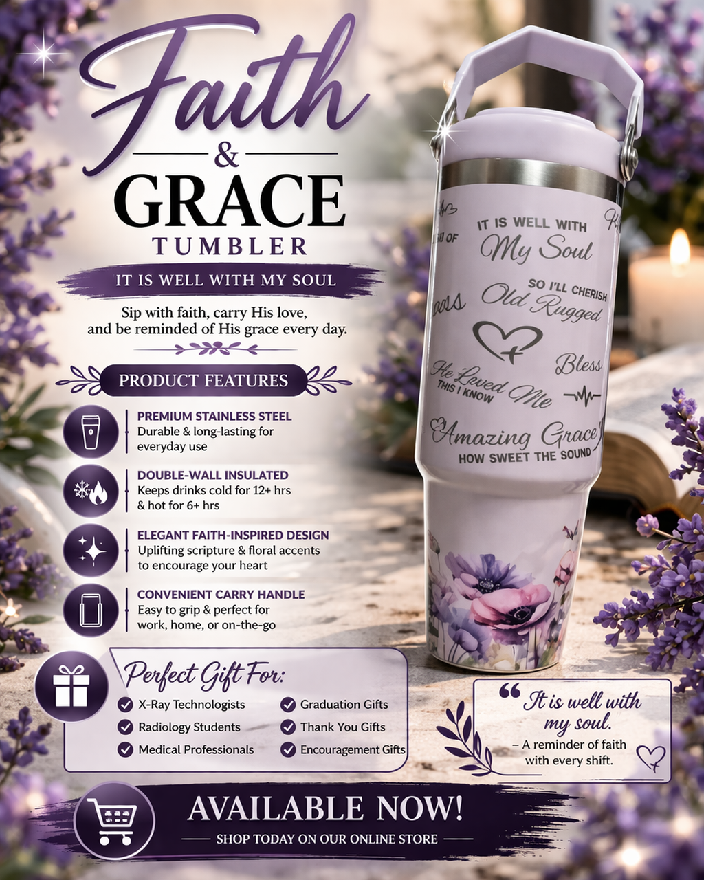 Faith & Grace Tumbler with Handle – Christian Insulated Cup | “It Is Well With My Soul” Floral Stainless Steel Tumbler | Religious Gift for Women