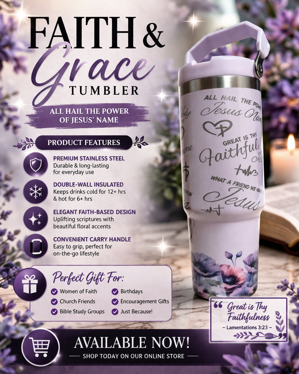 Faith & Grace Tumbler with Handle – Christian Insulated Cup | “It Is Well With My Soul” Floral Stainless Steel Tumbler | Religious Gift for Women