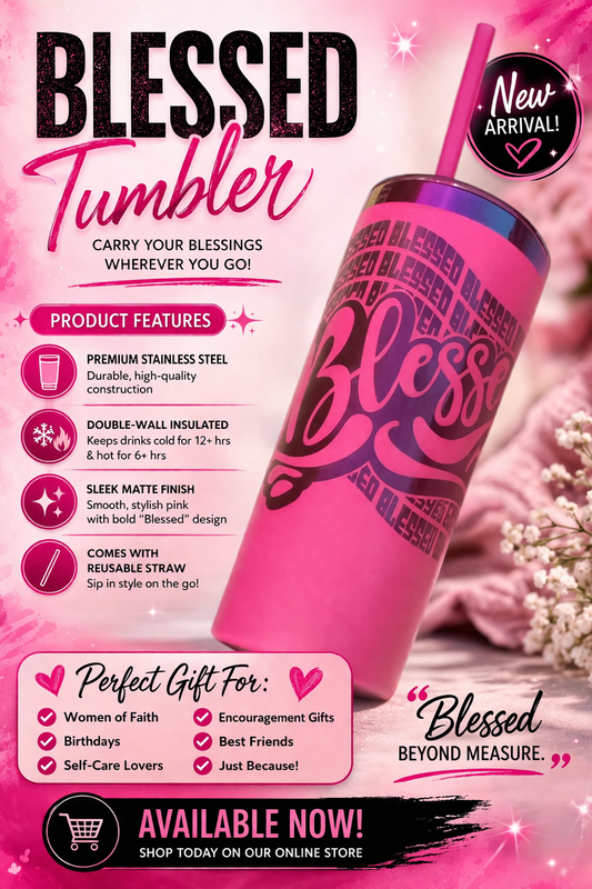 20oz Hot Pink “Blessed” Tumbler – Holographic Rainbow Stainless Steel Cup with Straw – Christian Gift for Women, Faith Drinkware