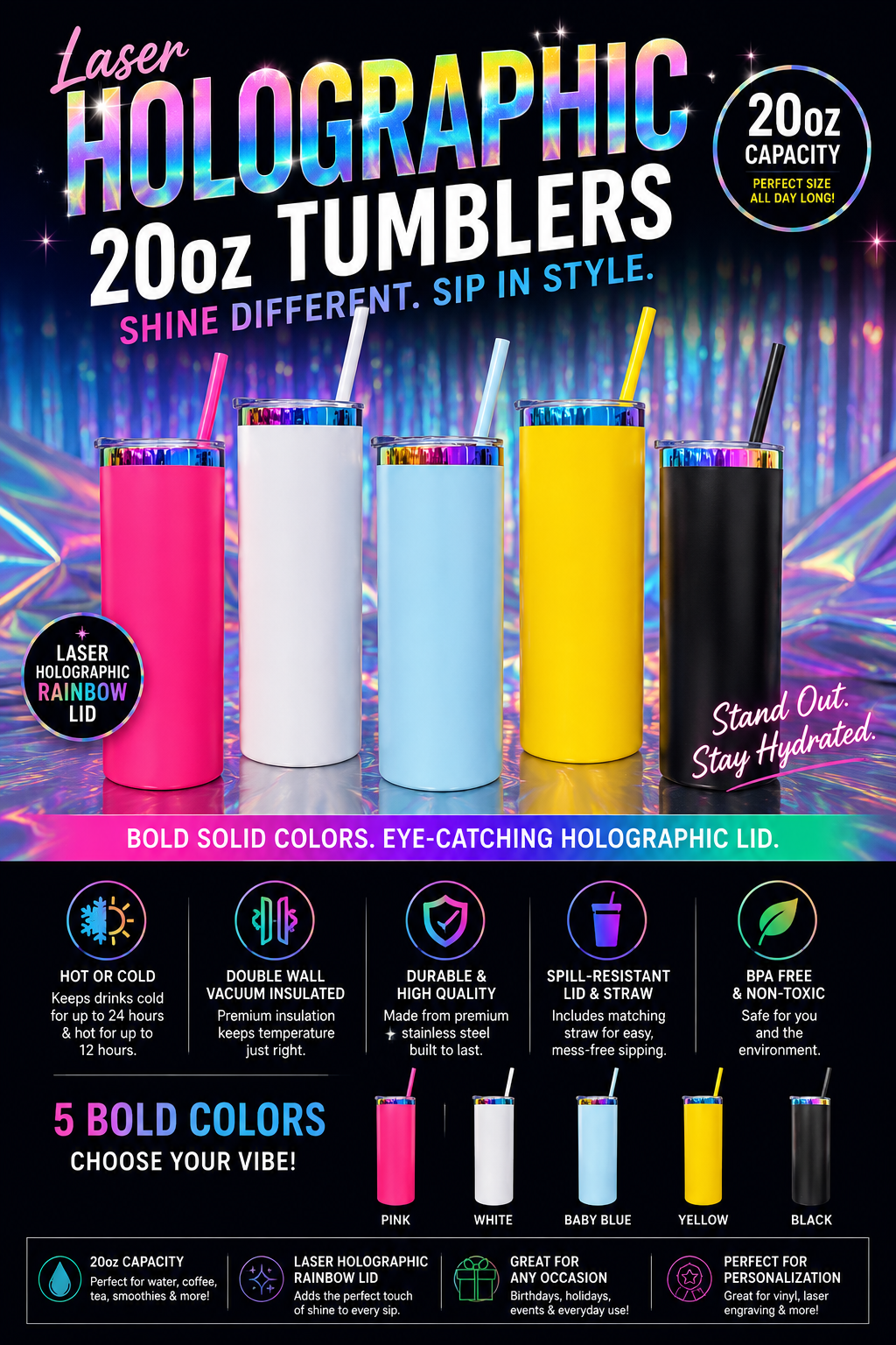 20oz Powder Coated Holographic Rainbow Plated Car Tumbler with Colored Straw | Laser Engraving Blank | Individual or 25pc Case |