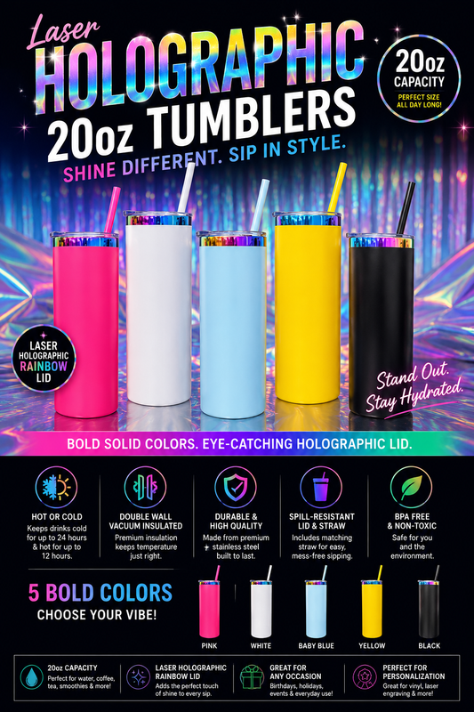 20oz Powder Coated Holographic Rainbow Plated Car Tumbler with Colored Straw | Laser Engraving Blank | Individual or 25pc Case |