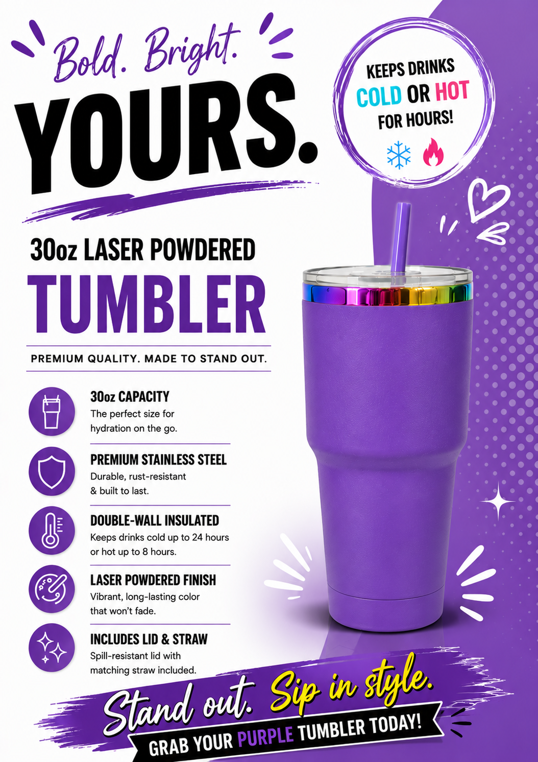Luxury Gold & Rainbow Plated Stainless Steel Tumblers |30oz Laser Engraving Car Mug with Lid & Straw