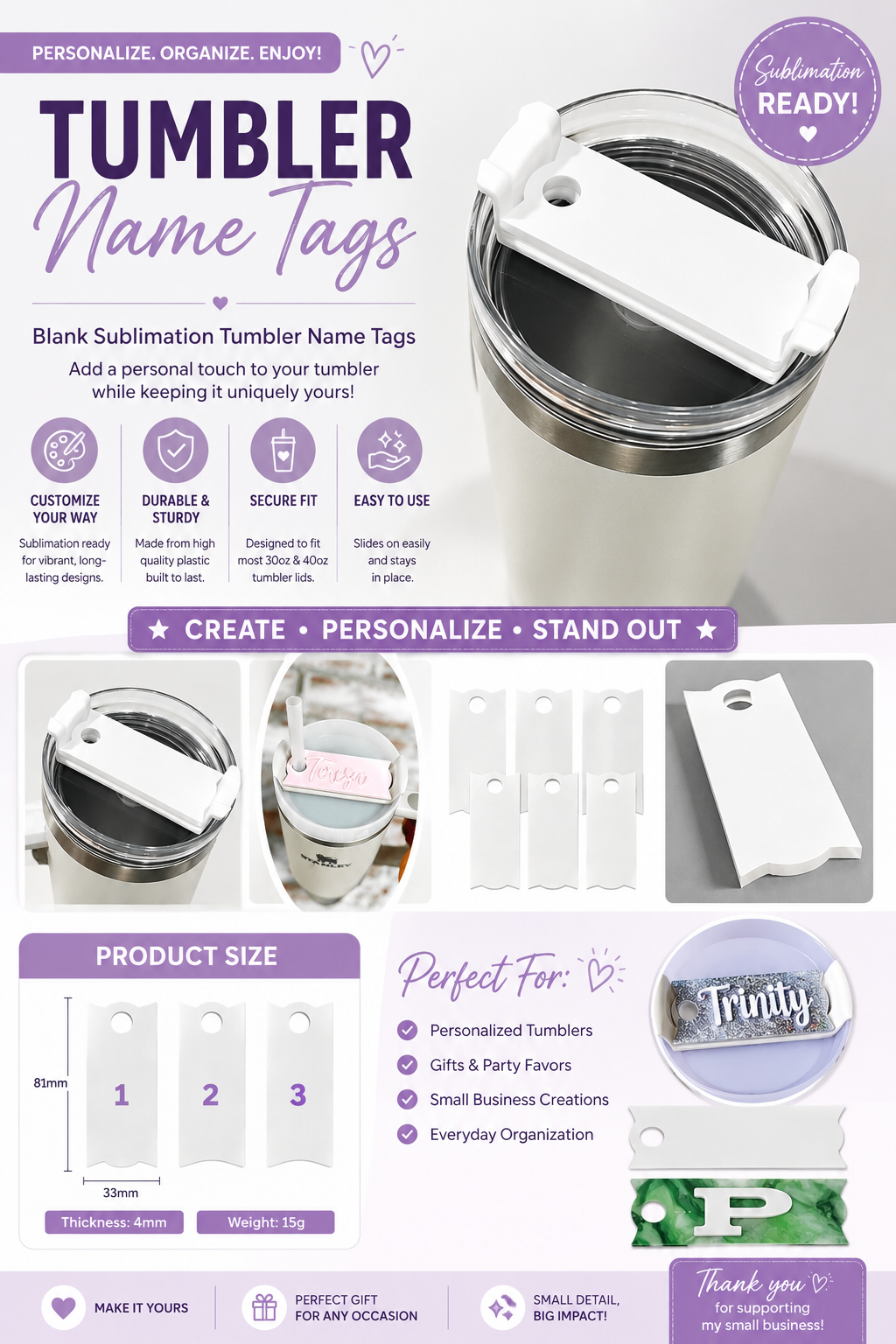5pcs-Sublimation Acrylic Name Plate for 40oz Tumbler