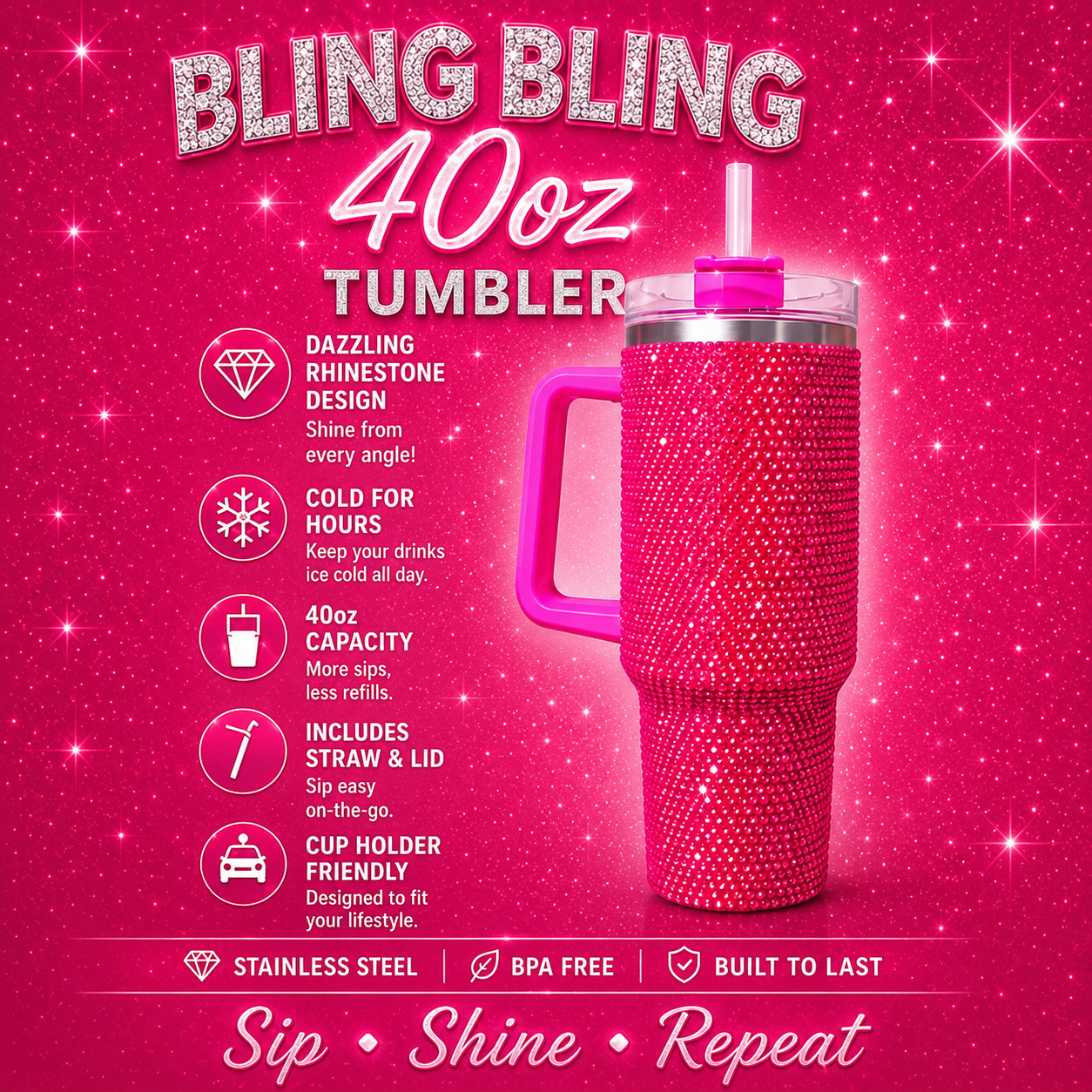 40oz Rhinestone Bling Tumbler with Handle – Diamond Studded Stainless Steel Travel Cup with Straw & White Box | Ready to Ship