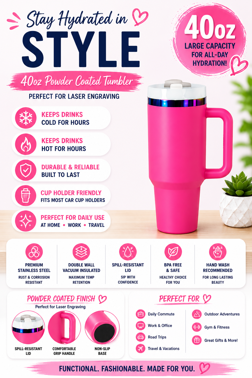 40oz Stainless Steel Tumblers | Double Wall Vacuum Insulated Powder Coated Cups