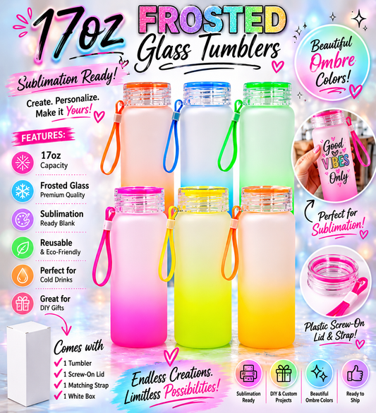 17oz Frosted Glass Sublimation Tumbler – Ombre Glass Water Bottle with Lid & Strap | DIY Sublimation Blank Ready to Ship