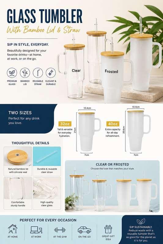 32oz & 40oz Glass Tumblers with Handle, Bamboo Lid & Straw | Clear & Frosted Glass Cups for Sublimation